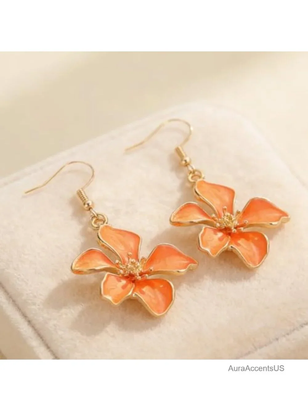 Enamel Five-Petal Flower Dangle Earrings Gold Plated Statement Jewelry Women's